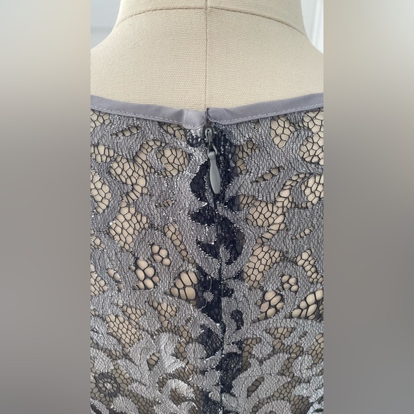 White House Black Market Silver Gray Metallic Lace Bell Sleeve Dress. - Picture 17 of 17